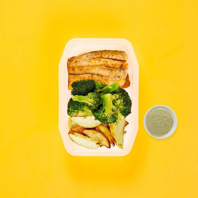 100g Barramundi 100g Broccoli 100g Roast Chat Potato Pesto Cream
