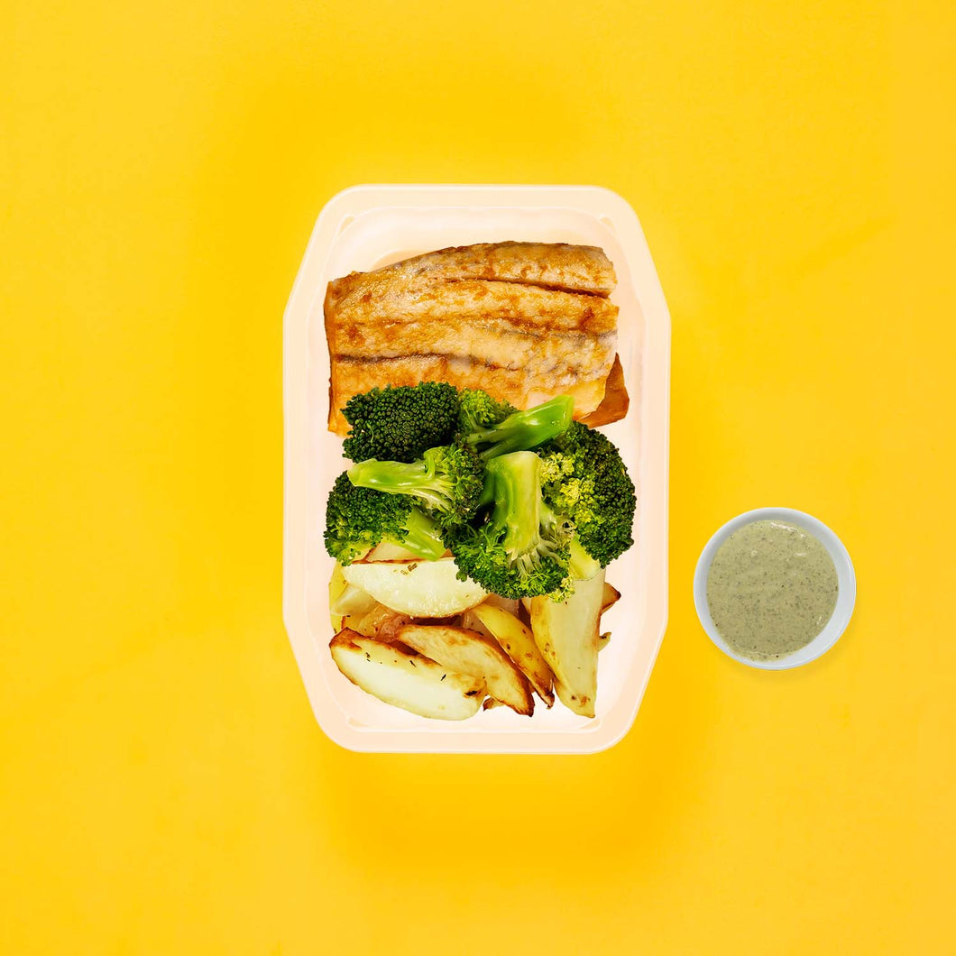 100g Barramundi 100g Broccoli 100g Roast Chat Potato Pesto Cream