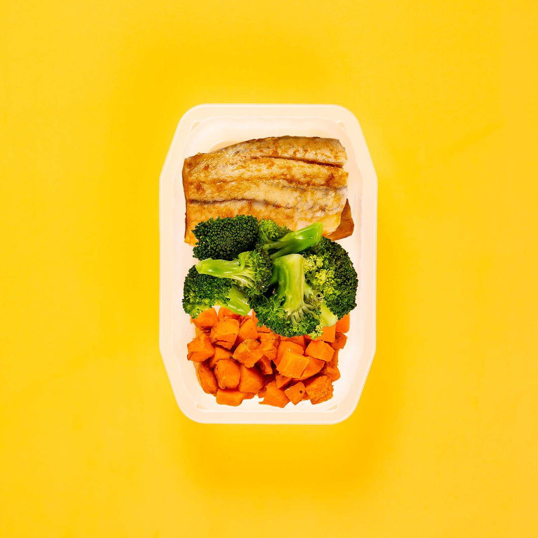 100g Barramundi 100g Broccoli 100g Rosemary Baked Sweet Potato
