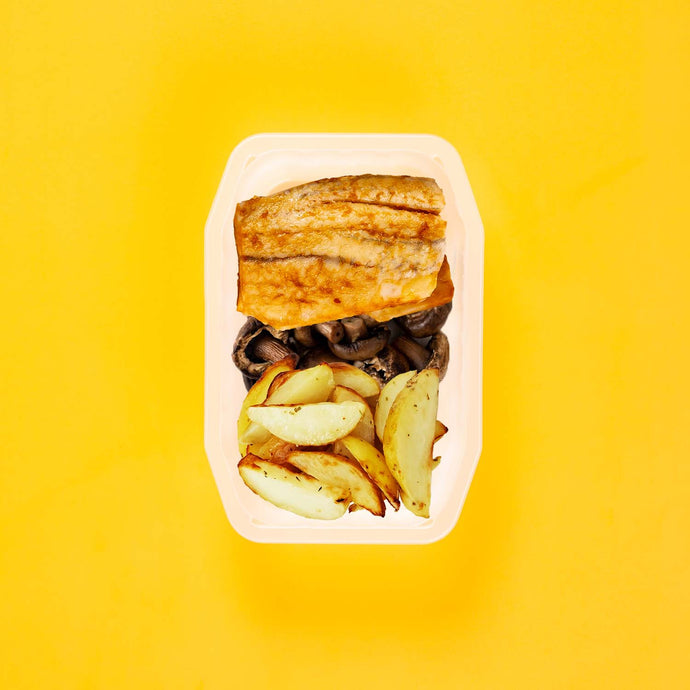 100g Barramundi 100g Mushrooms 100g Roast Chat Potato