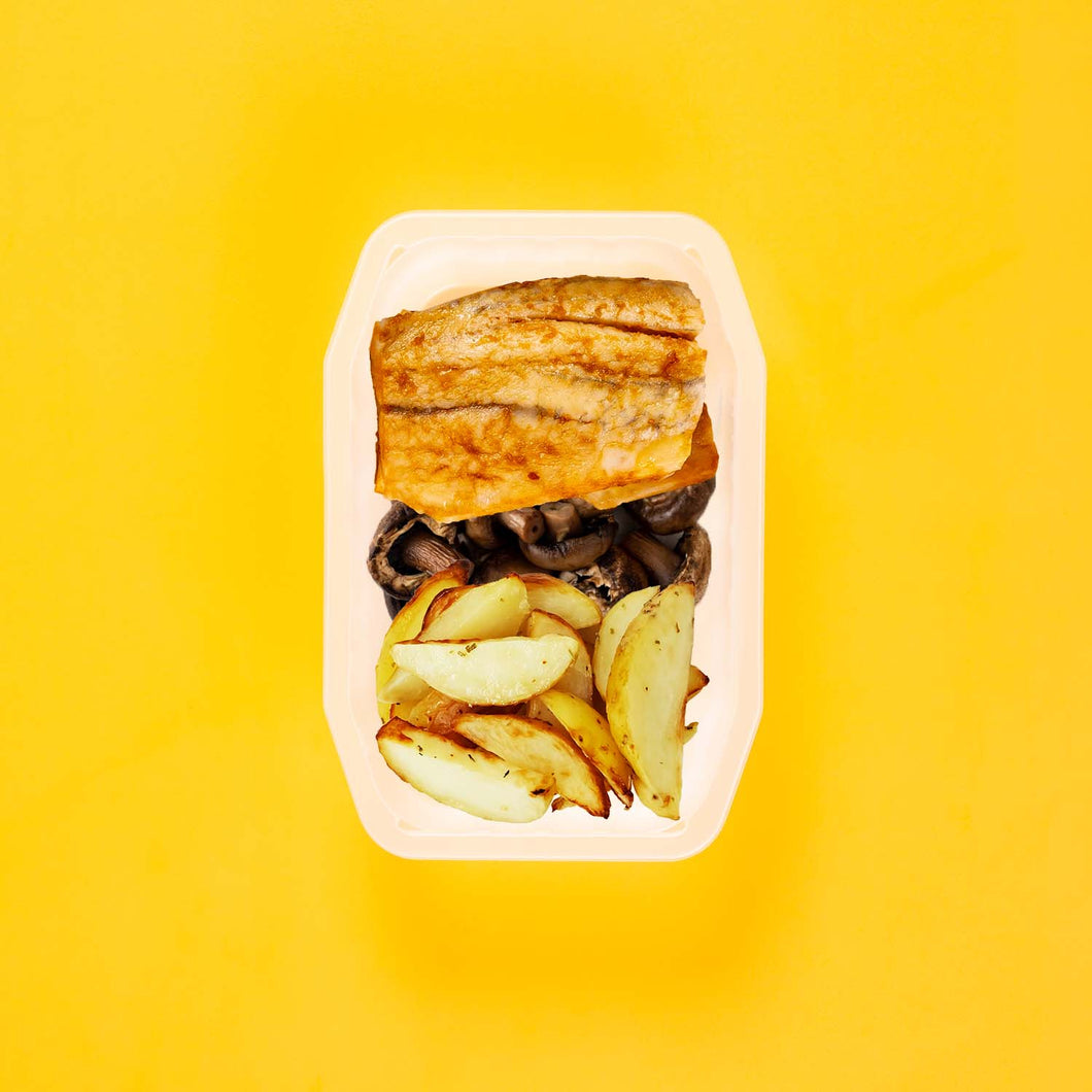 100g Barramundi 100g Mushrooms 100g Roast Chat Potato