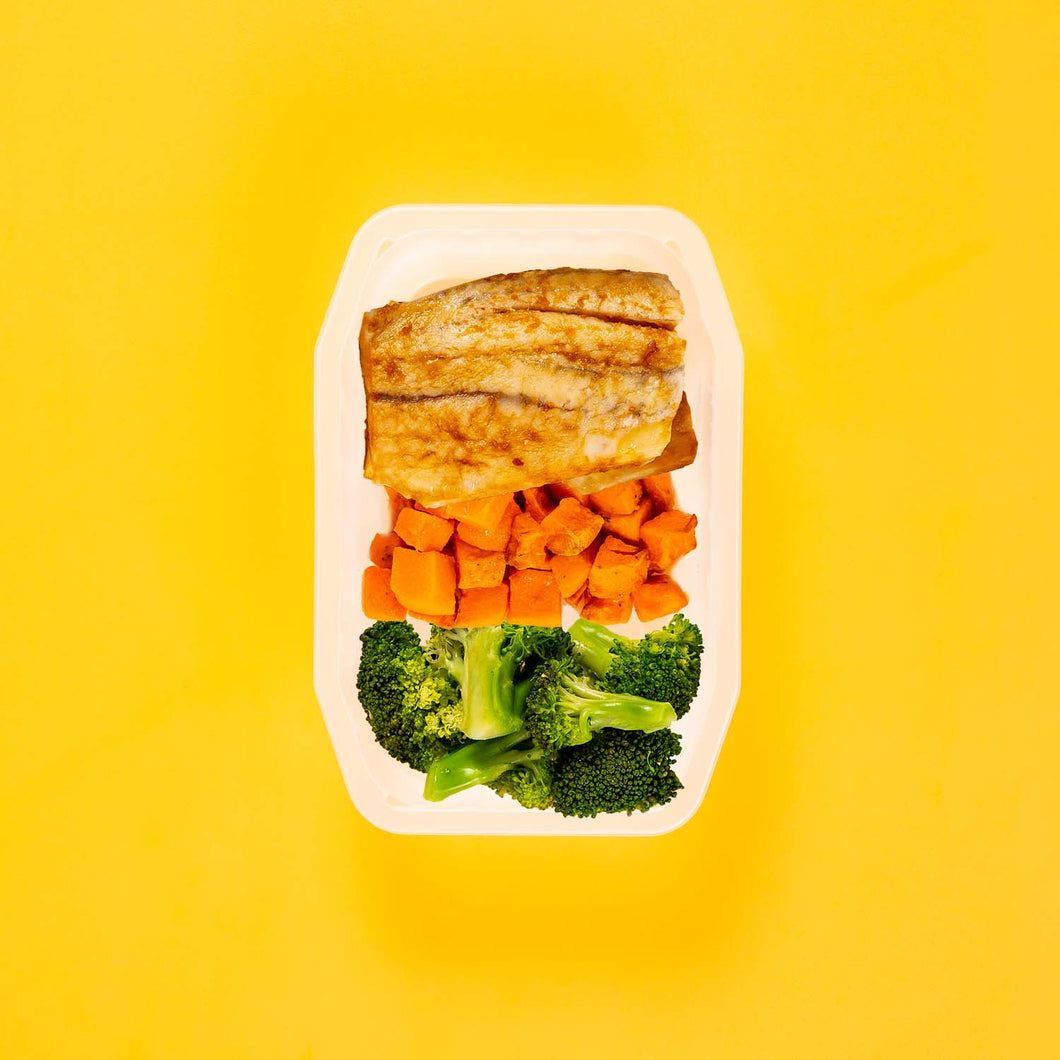 100g Barramundi 100g Rosemary Baked Sweet Potato 100g Broccoli
