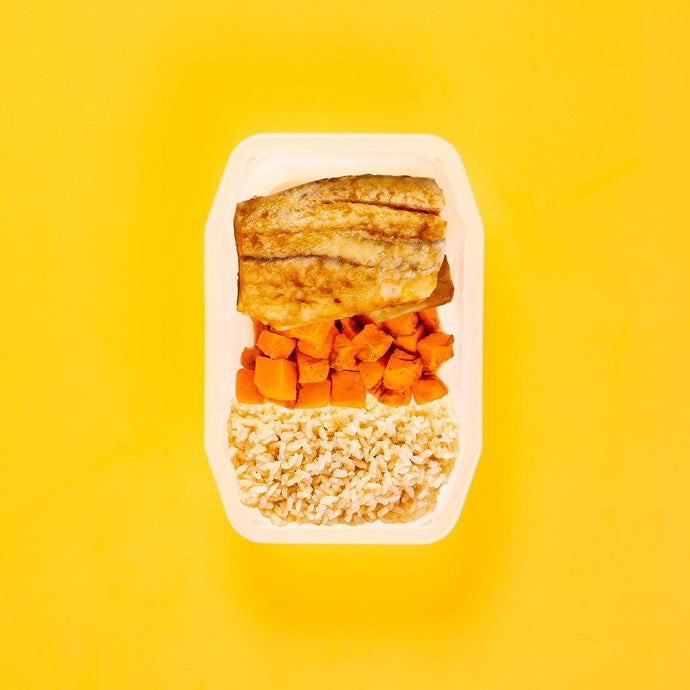 100g Barramundi 100g Rosemary Baked Sweet Potato 100g Brown Rice