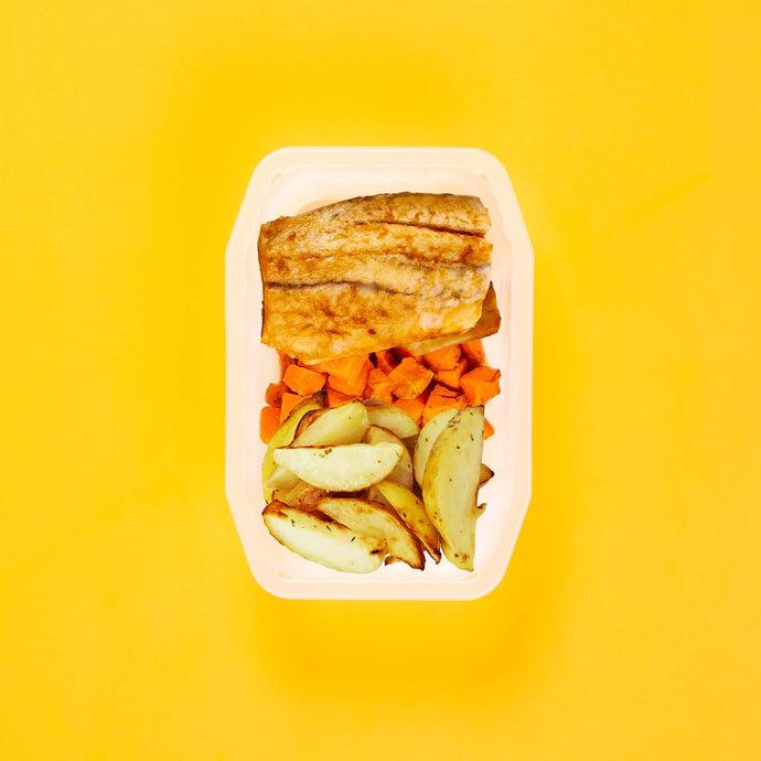 100g Barramundi 50g Rosemary Baked Sweet Potato 150g Roast Chat Potato