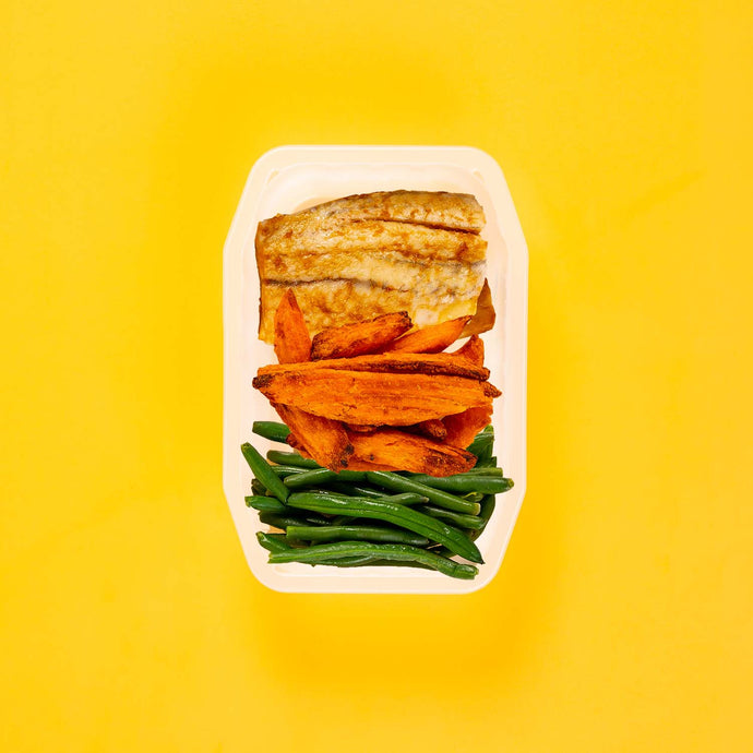 150g Barramundi 100g Sweet Potato Wedges 100g Green Beans
