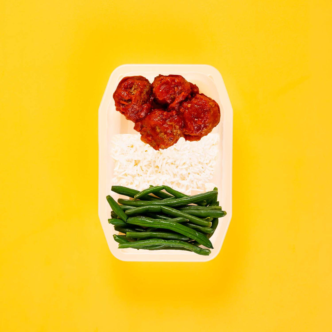 100g Beef Meatballs 100g Basmati Rice 100g Green Beans