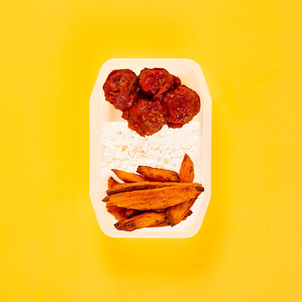 100g Beef Meatballs 100g Basmati Rice 100g Sweet Potato Wedges