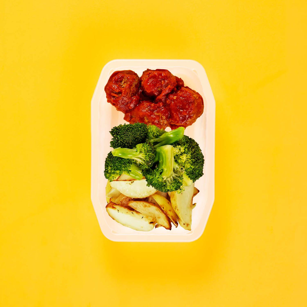 150g Beef Meatballs 100g Broccoli 100g Roast Chat Potato