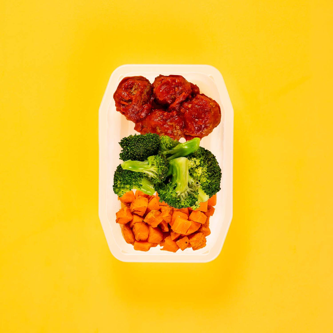 150g Beef Meatballs 100g Broccoli 100g Rosemary Baked Sweet Potato