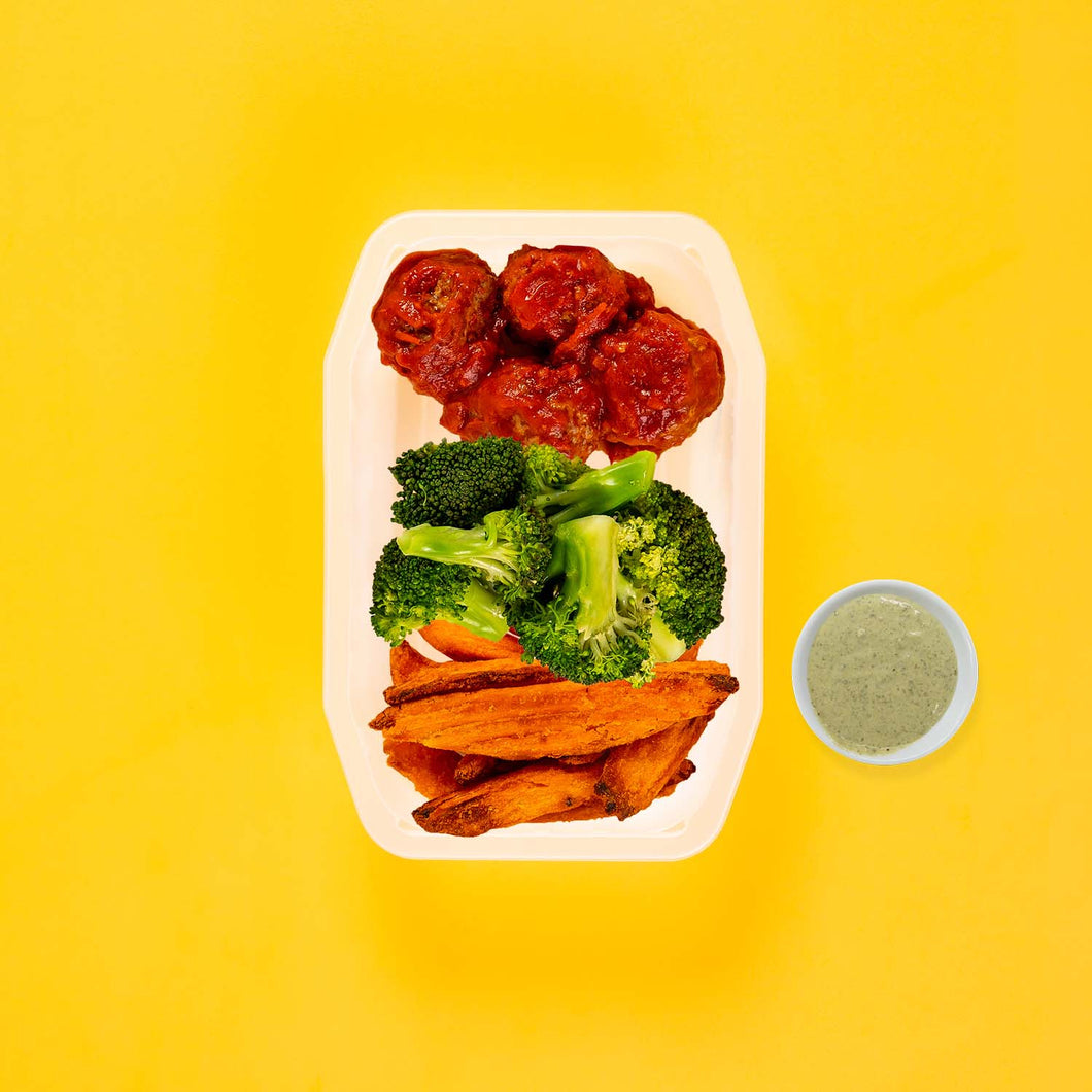 100g Beef Meatballs 100g Broccoli 100g Sweet Potato Wedges Pesto Cream