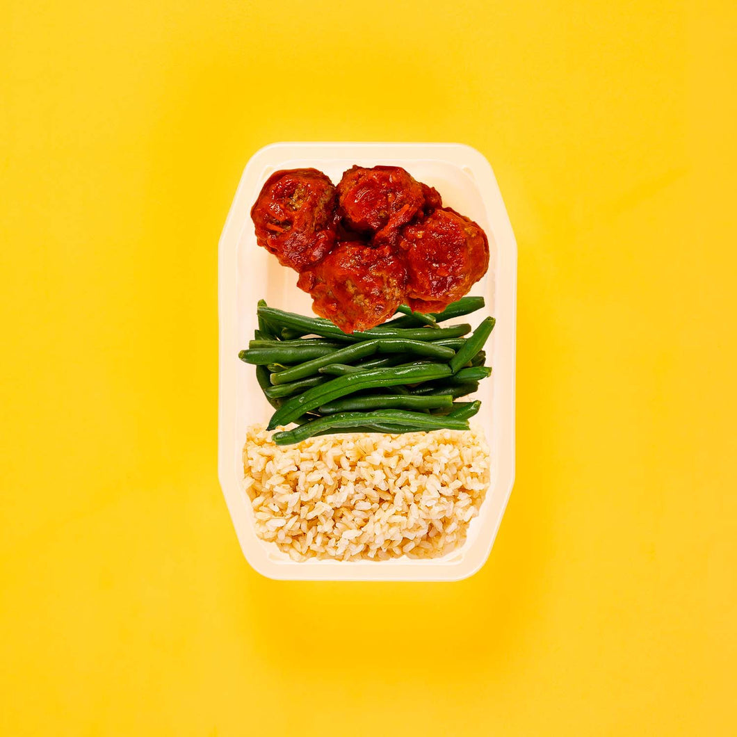 150g Beef Meatballs 100g Green Beans 100g Brown Rice