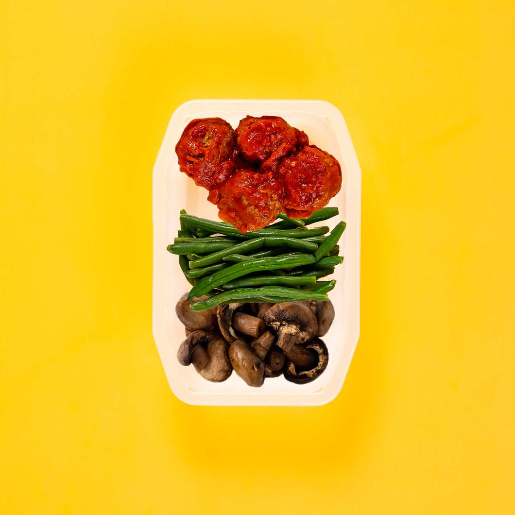 100g Beef Meatballs 100g Green Beans 100g Mushrooms