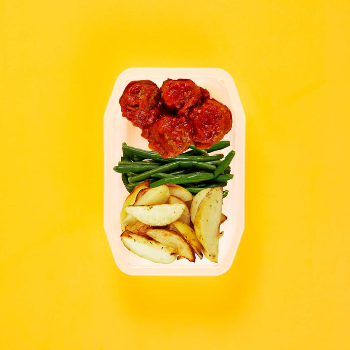 100g Beef Meatballs 100g Green Beans 100g Roast Chat Potato
