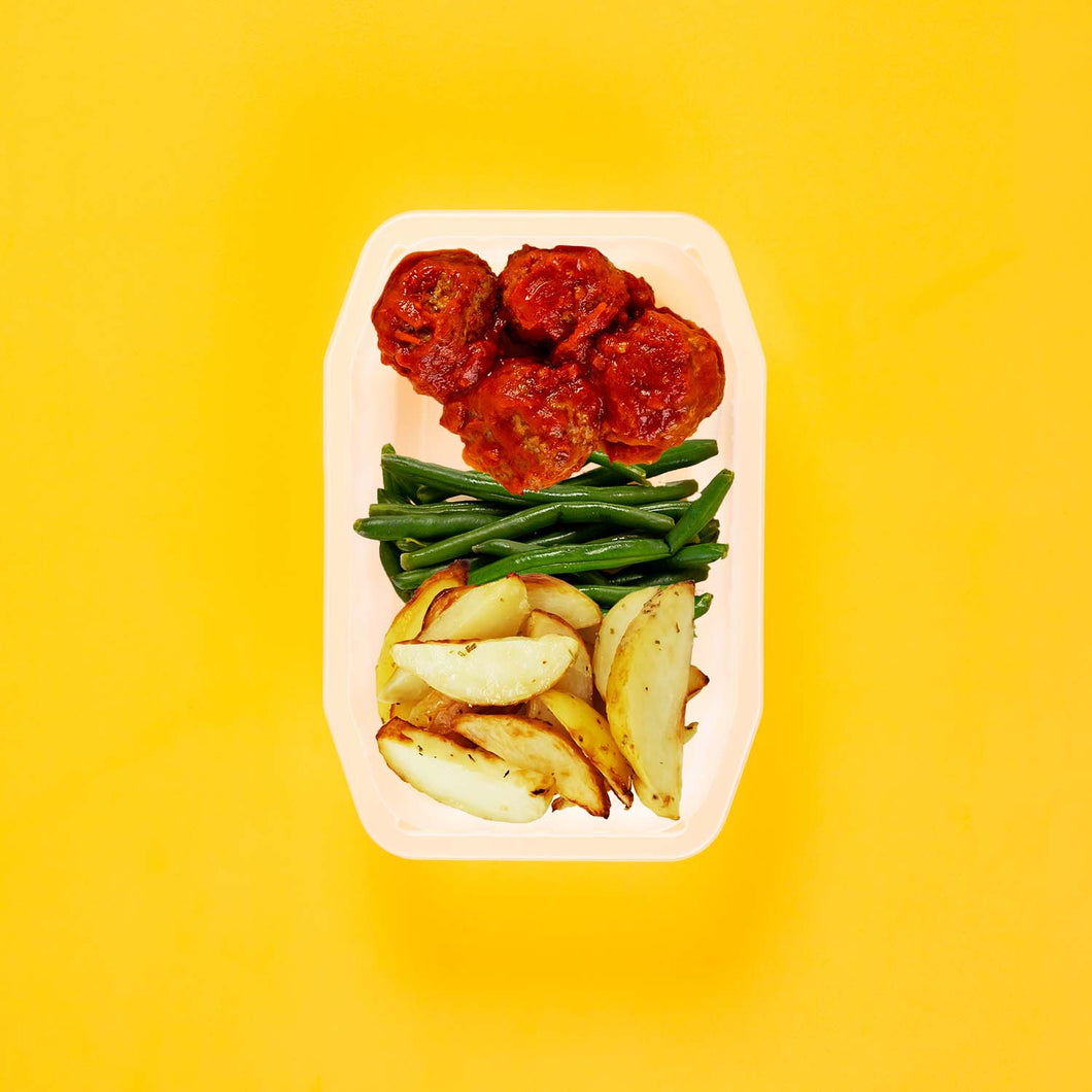 150g Beef Meatballs 100g Green Beans 100g Roast Chat Potato