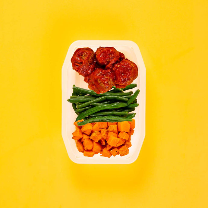 100g Beef Meatballs 100g Green Beans 100g Rosemary Baked Sweet Potato