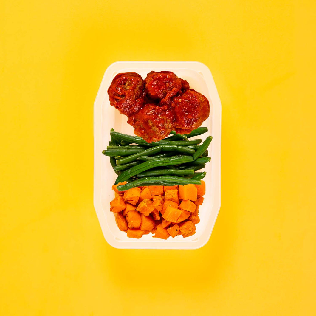 100g Beef Meatballs 100g Green Beans 100g Rosemary Baked Sweet Potato