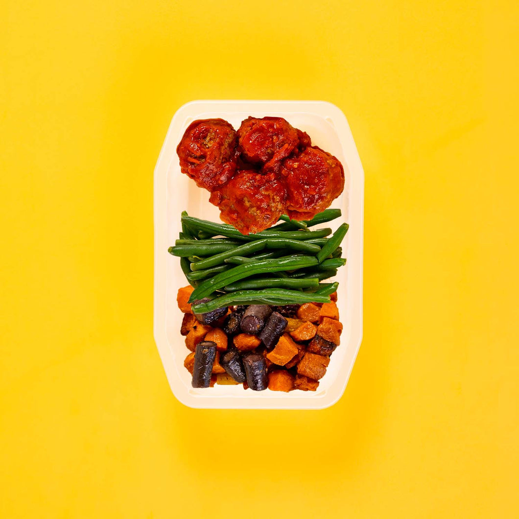 100g Beef Meatballs 100g Green Beans 100g Tri Baked Carrots