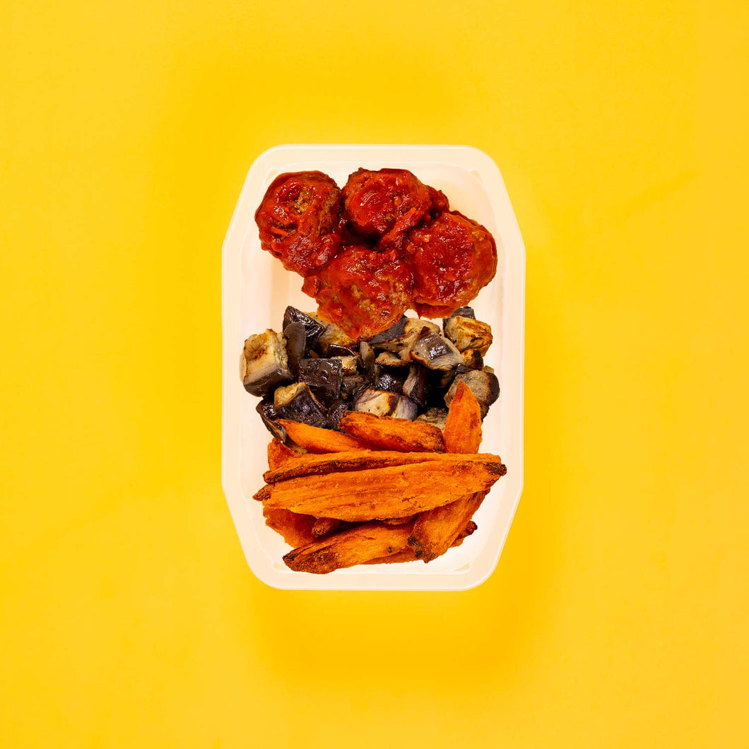 100g Beef Meatballs 100g Miso Eggplant 150g Sweet Potato Wedges