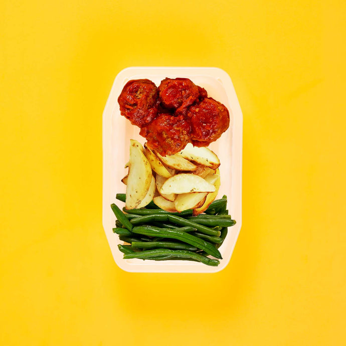 100g Beef Meatballs 100g Roast Chat Potato 100g Green Beans