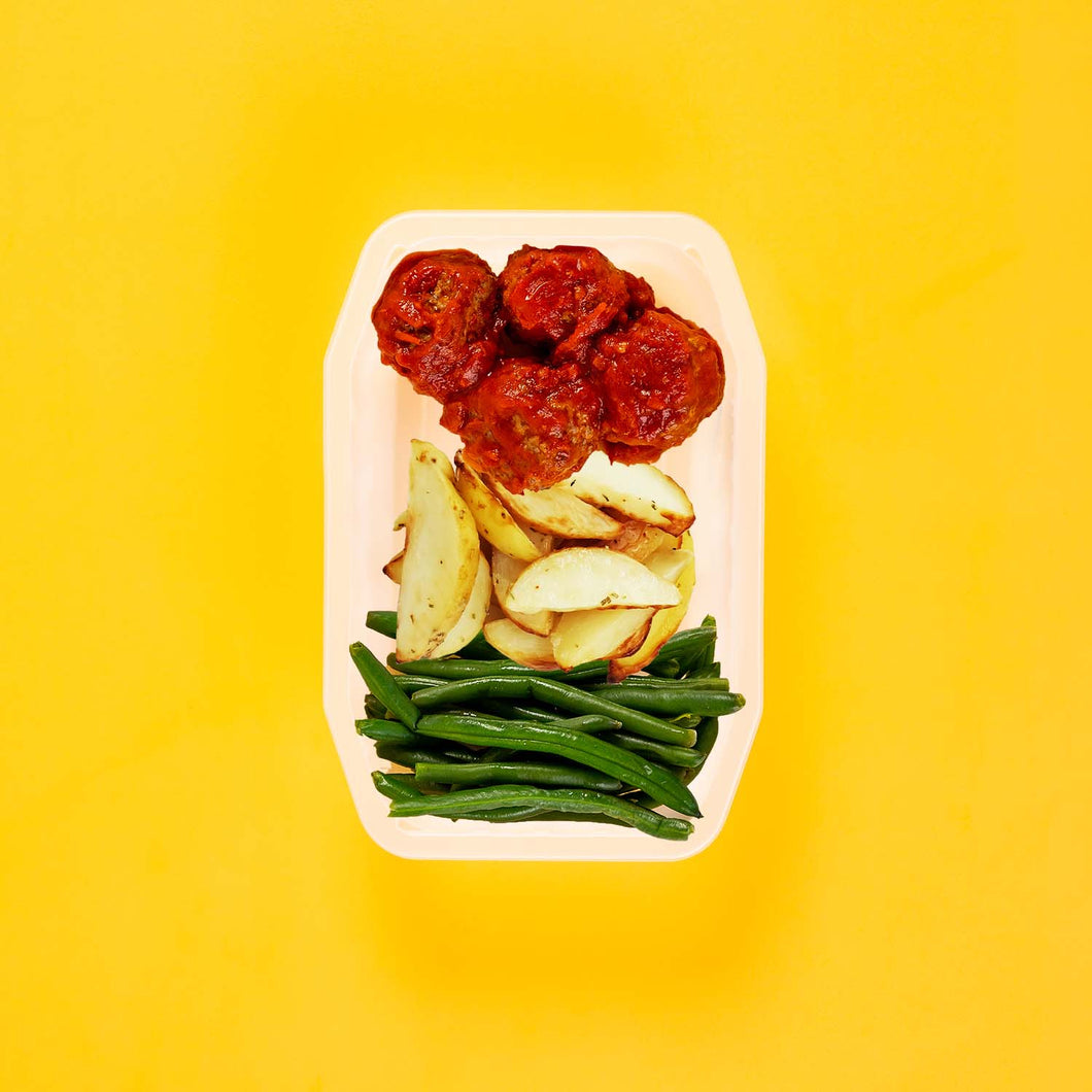 200g Beef Meatballs 100g Roast Chat Potato 100g Green Beans