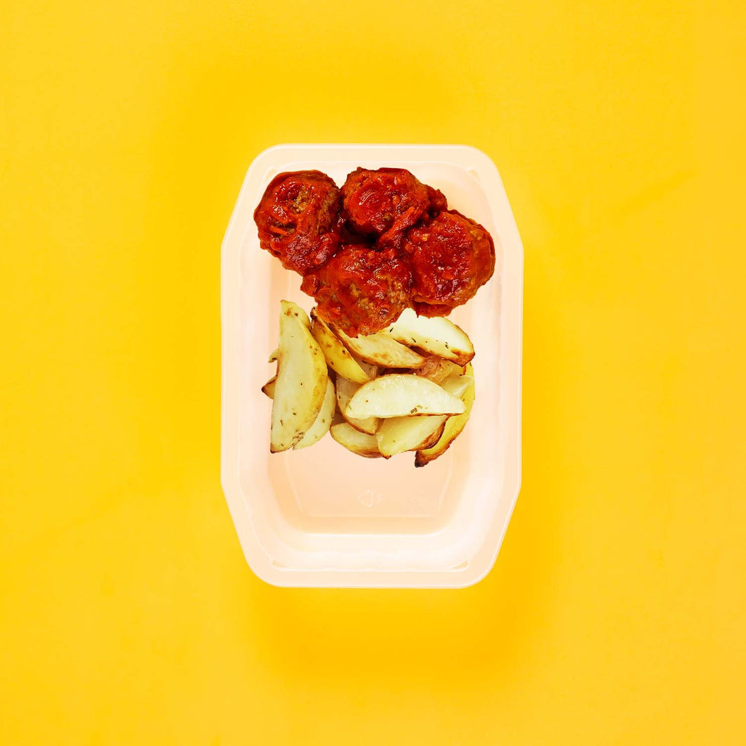 100g Beef Meatballs 100g Roast Chat Potato 100g No Side
