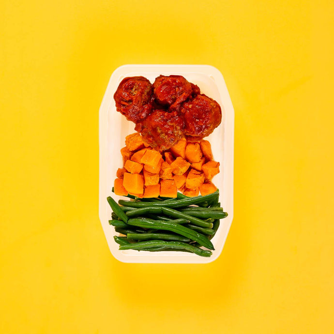 100g Beef Meatballs 100g Rosemary Baked Sweet Potato 100g Green Beans