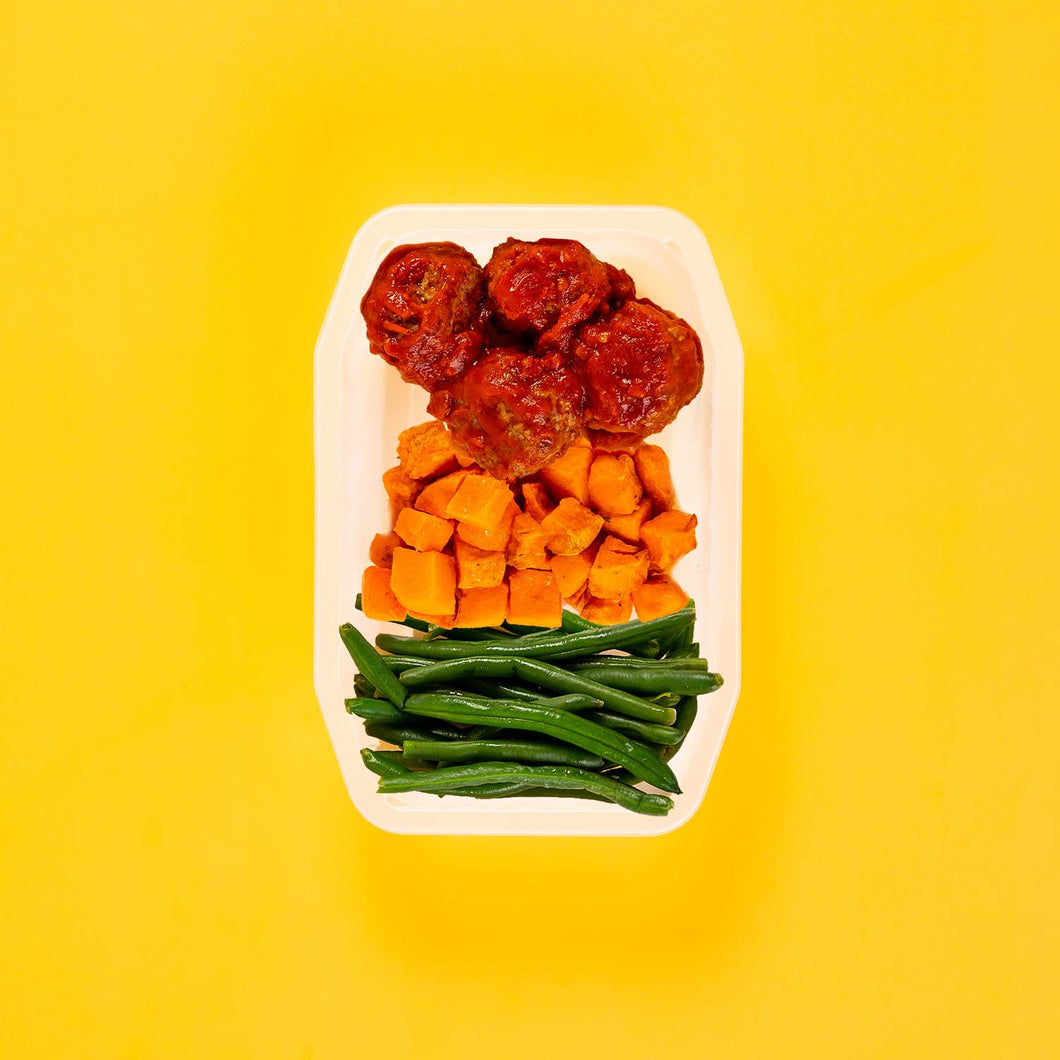 100g Beef Meatballs 100g Rosemary Baked Sweet Potato 100g Green Beans