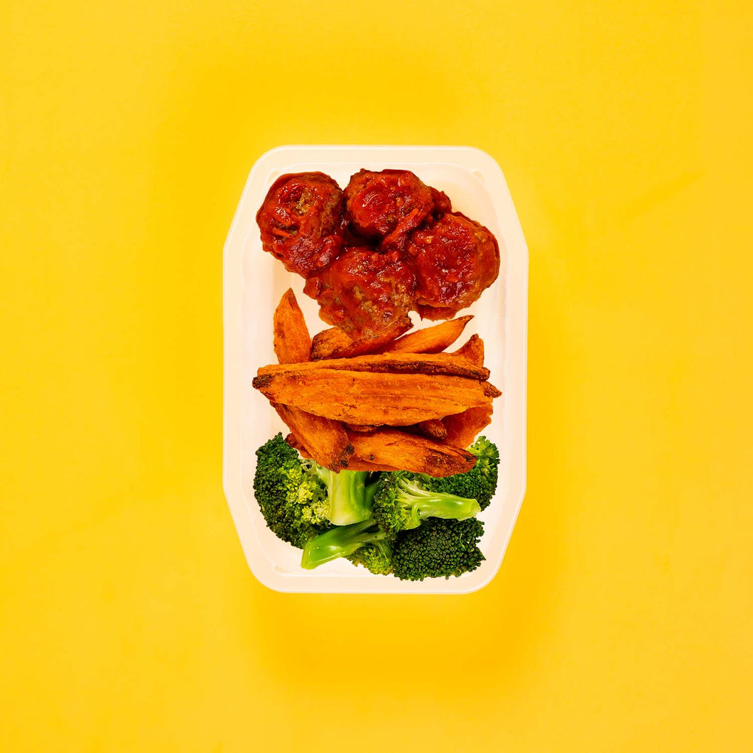 100g Beef Meatballs 100g Sweet Potato Wedges 100g Broccoli
