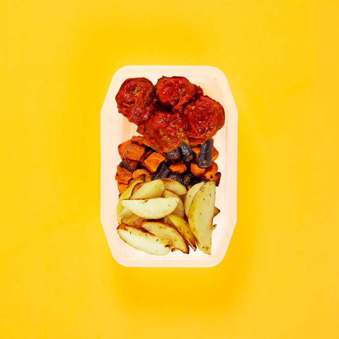 150g Beef Meatballs 100g Tri Baked Carrots 100g Roast Chat Potato