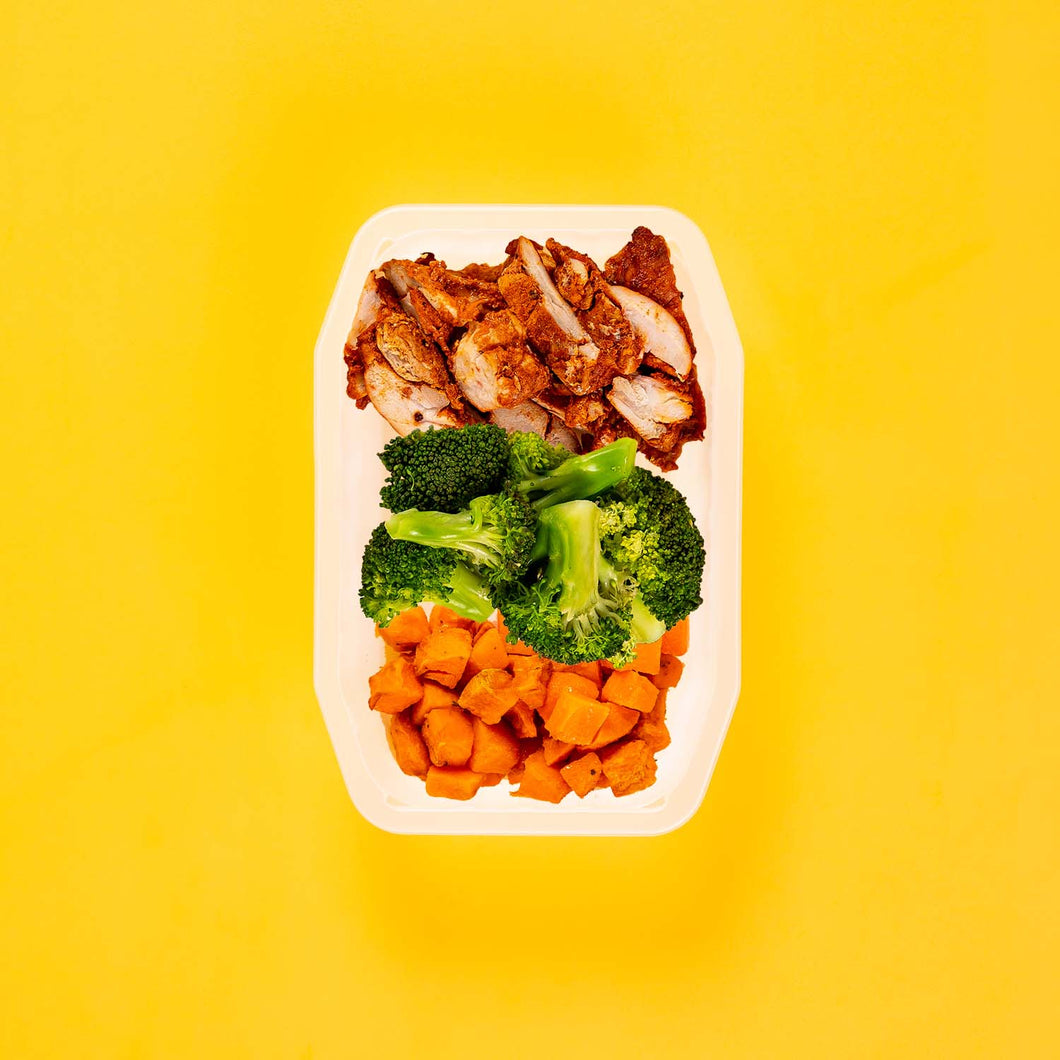 100g Chipotle Chicken Thigh 100g Broccoli 100g Rosemary Baked Sweet Potato