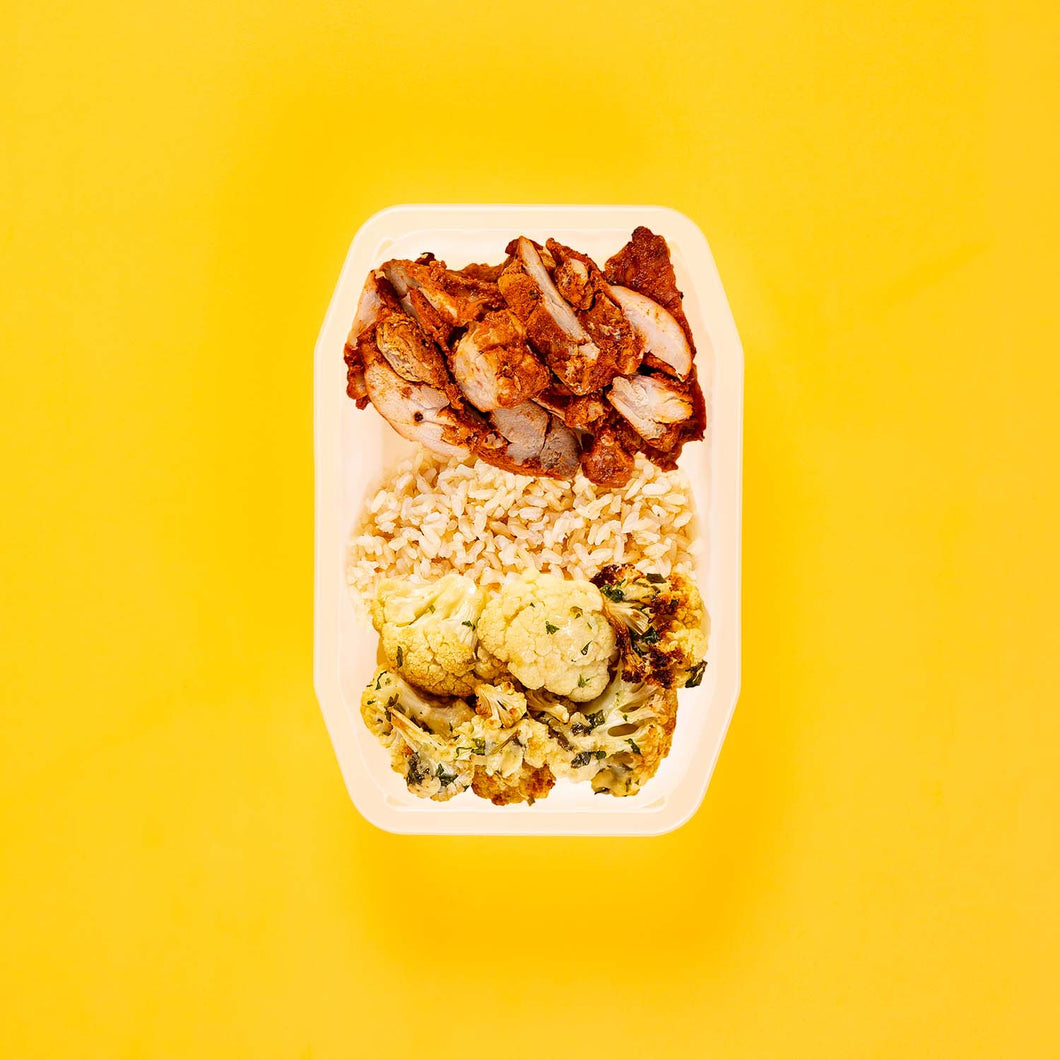 150g Chipotle Chicken Thigh 50g Brown Rice 50g Parmesan Cauliflower