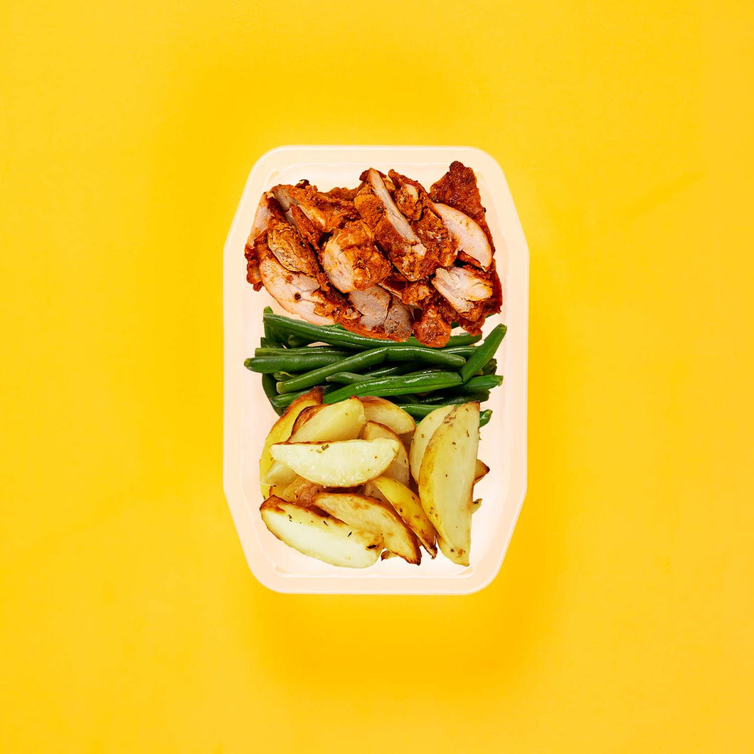 100g Chipotle Chicken Thigh 100g Green Beans 100g Roast Chat Potato