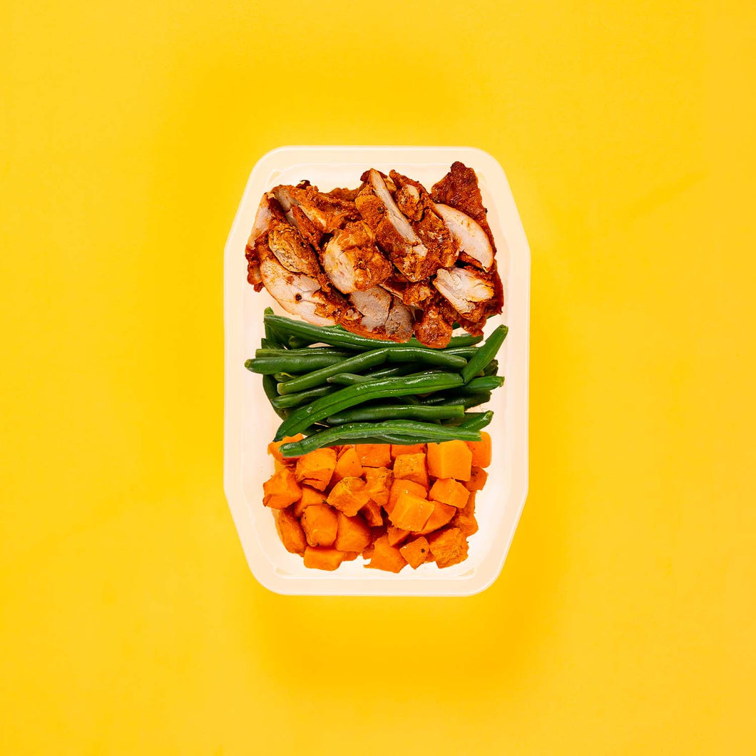 100g Chipotle Chicken Thigh 100g Green Beans 100g Rosemary Baked Sweet Potato