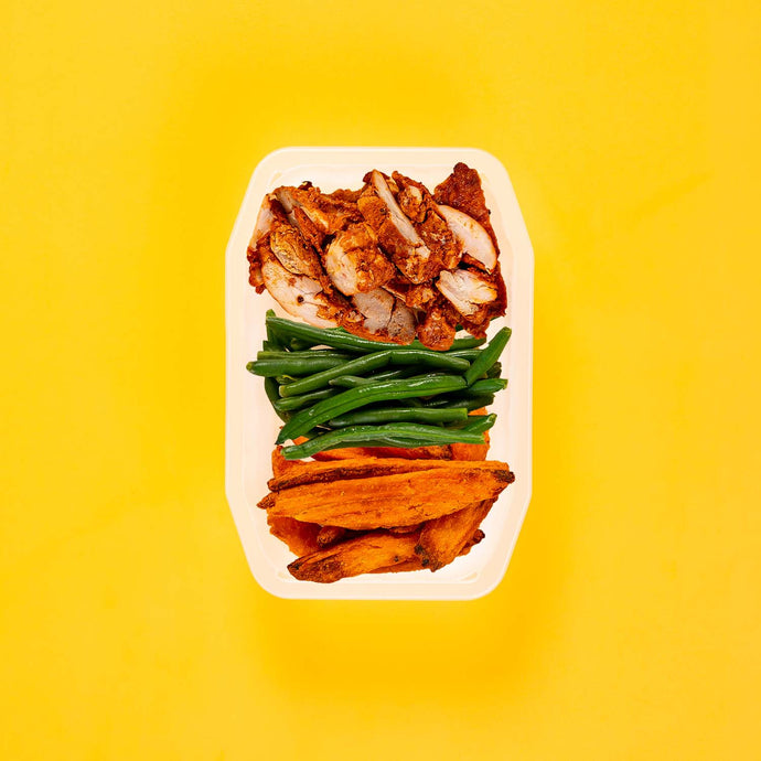 100g Chipotle Chicken Thigh 100g Green Beans 100g Sweet Potato Wedges