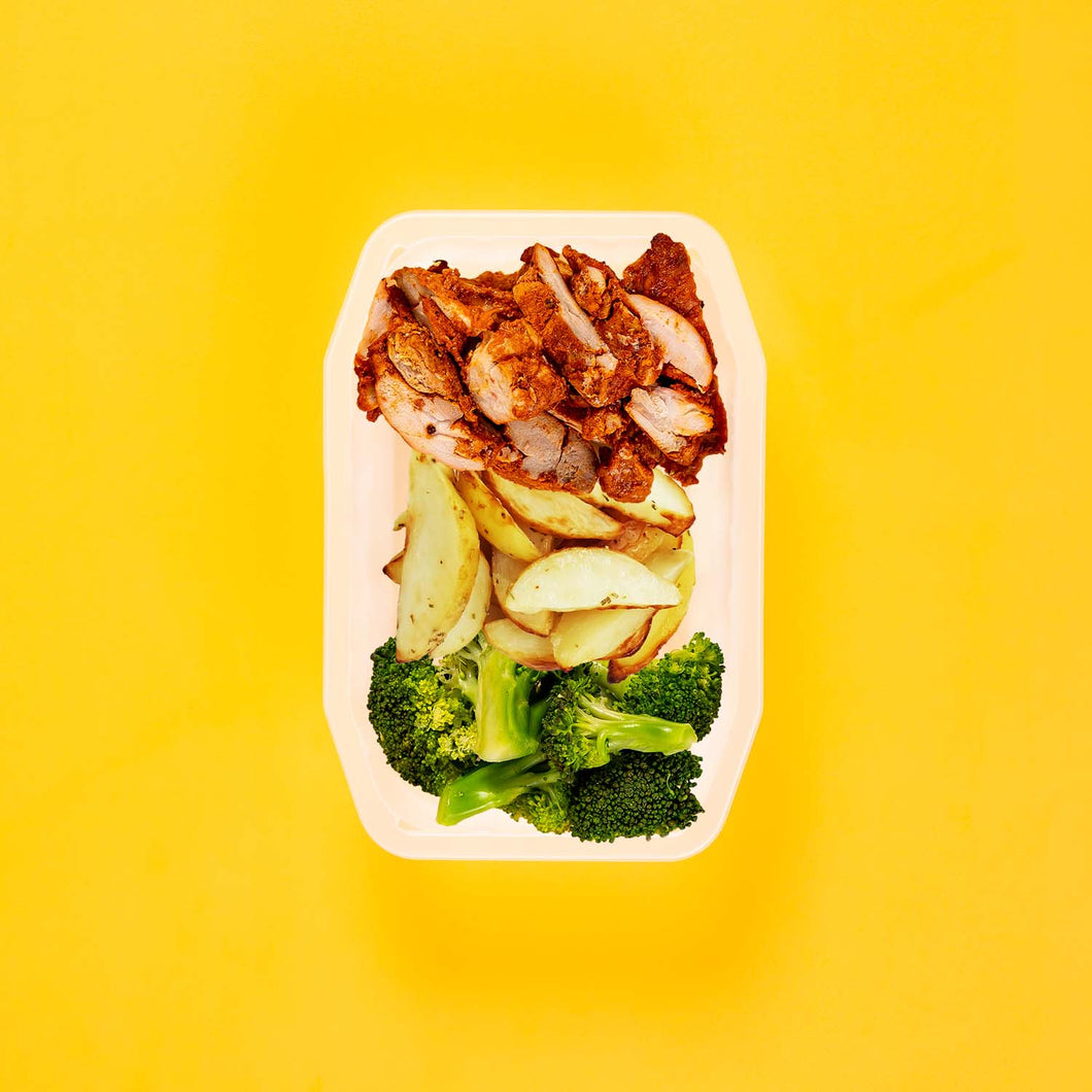 100g Chipotle Chicken Thigh 100g Roast Chat Potato 100g Broccoli