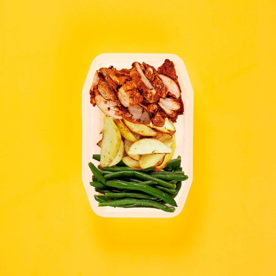 100g Chipotle Chicken Thigh 100g Roast Chat Potato 100g Green Beans