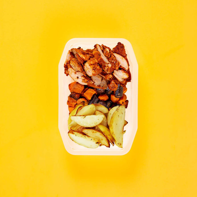 100g Chipotle Chicken Thigh 100g Tri Baked Carrots 100g Roast Chat Potato