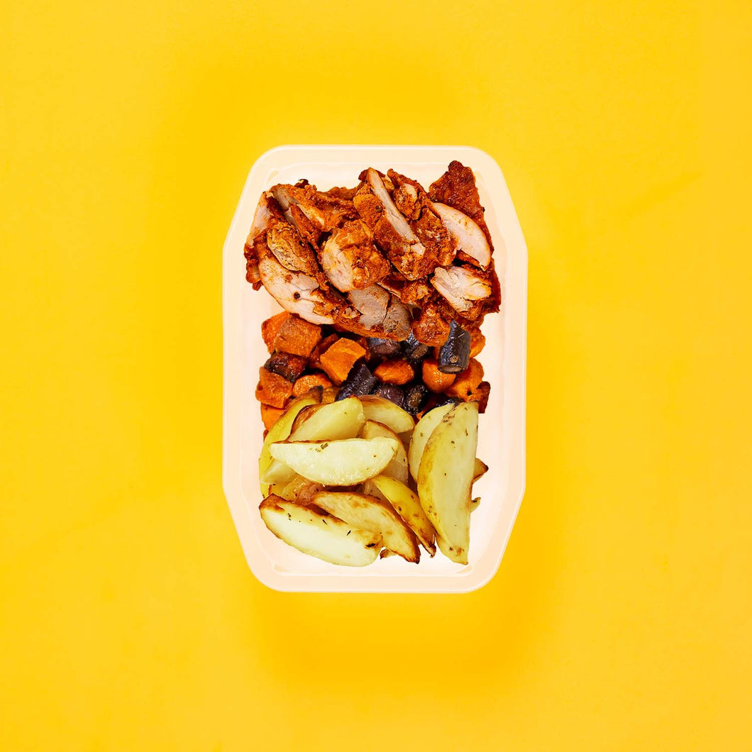 100g Chipotle Chicken Thigh 100g Tri Baked Carrots 100g Roast Chat Potato