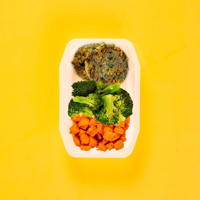 100g Corn & Zucchini Fritters 100g Broccoli 100g Rosemary Baked Sweet Potato