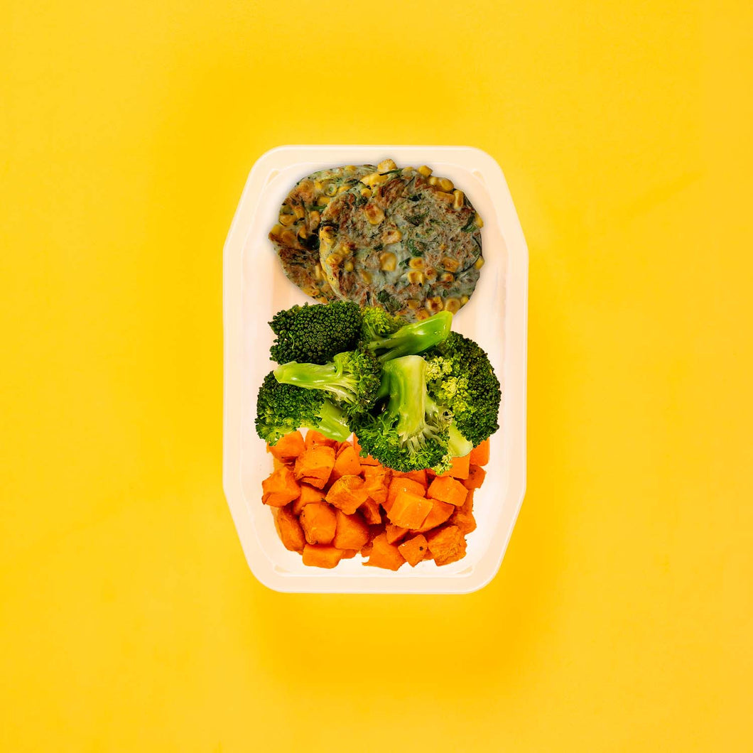100g Corn & Zucchini Fritters 100g Broccoli 100g Rosemary Baked Sweet Potato