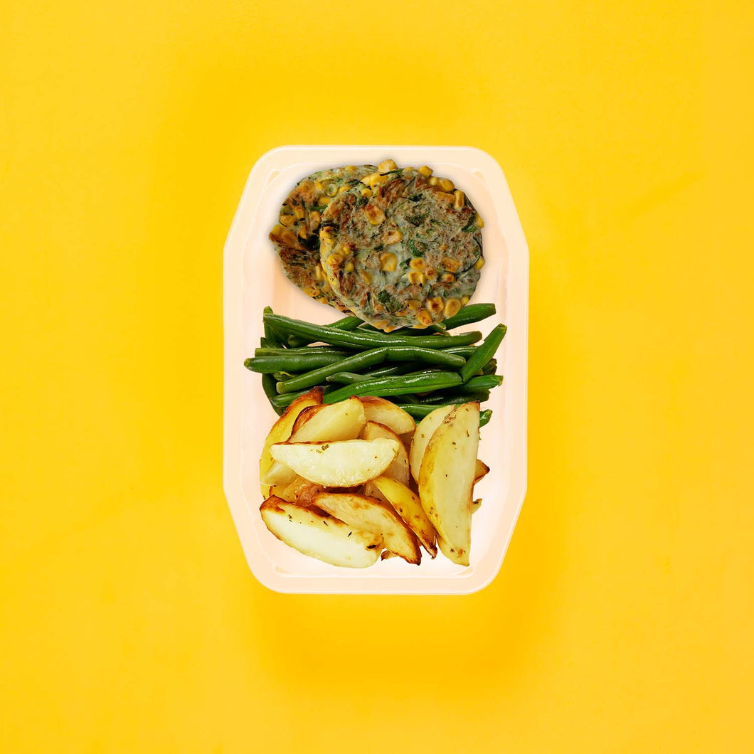 100g Corn & Zucchini Fritters 100g Green Beans 100g Roast Chat Potato