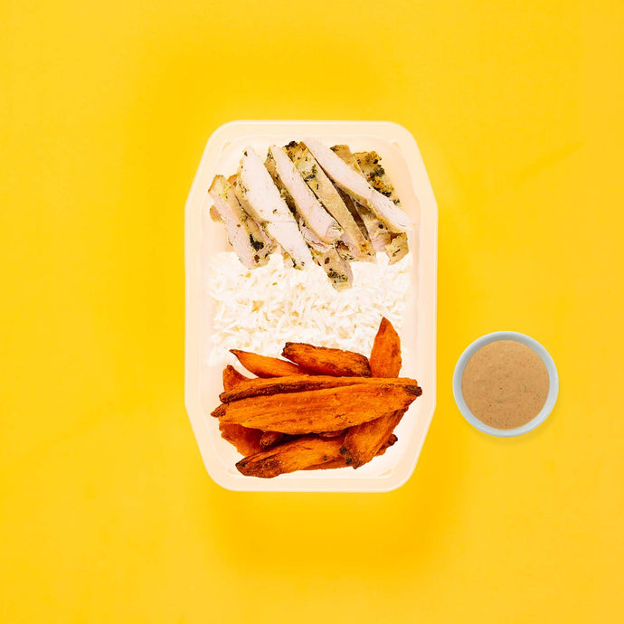 100g Garlic Herb Chicken Breast 100g Basmati Rice 100g Sweet Potato Wedges Butter Chicken Sauce