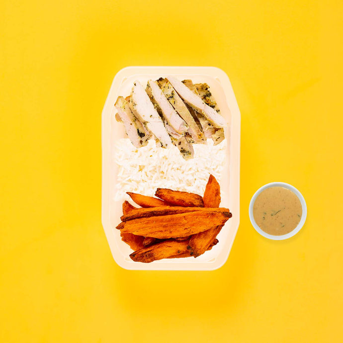 100g Garlic Herb Chicken Breast 100g Basmati Rice 100g Sweet Potato Wedges Satay Sauce
