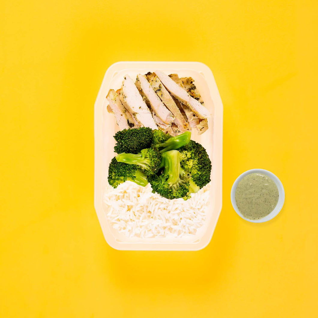 100g Garlic Herb Chicken Breast 100g Broccoli 100g Basmati Rice Pesto Cream