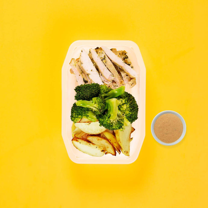 100g Garlic Herb Chicken Breast 100g Broccoli 100g Roast Chat Potato Butter Chicken Sauce