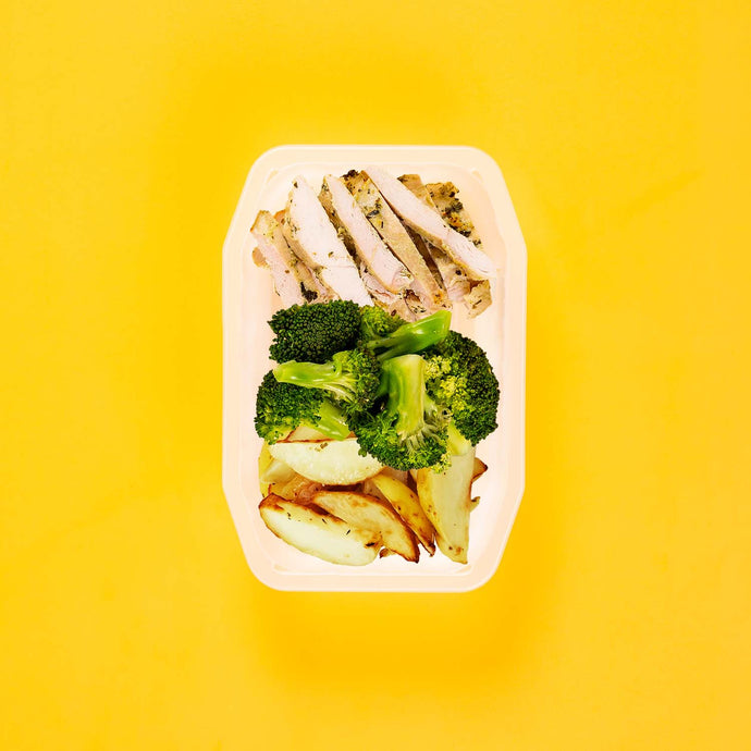 100g Garlic Herb Chicken Breast 100g Broccoli 100g Roast Chat Potato