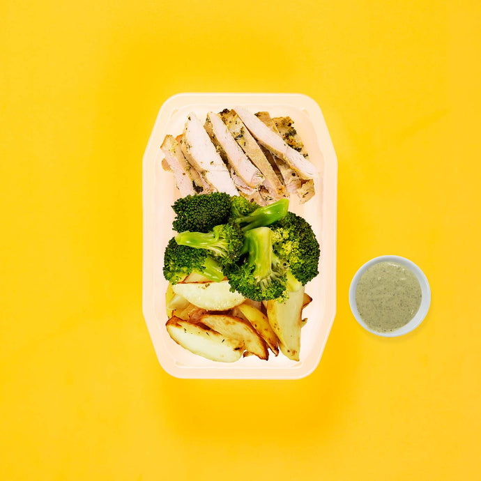 100g Garlic Herb Chicken Breast 100g Broccoli 100g Roast Chat Potato Pesto Cream