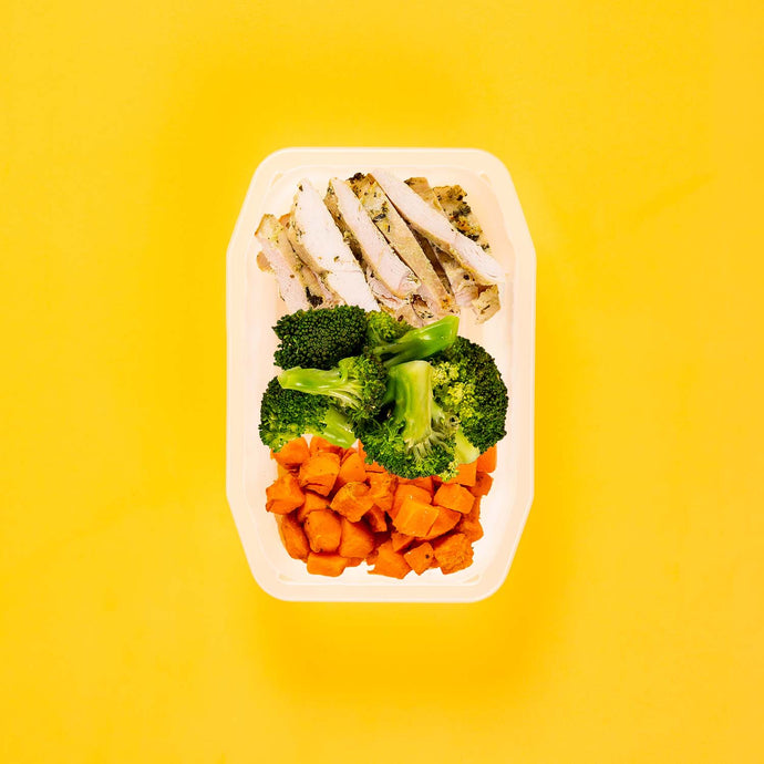 100g Garlic Herb Chicken Breast 100g Broccoli 100g Rosemary Baked Sweet Potato