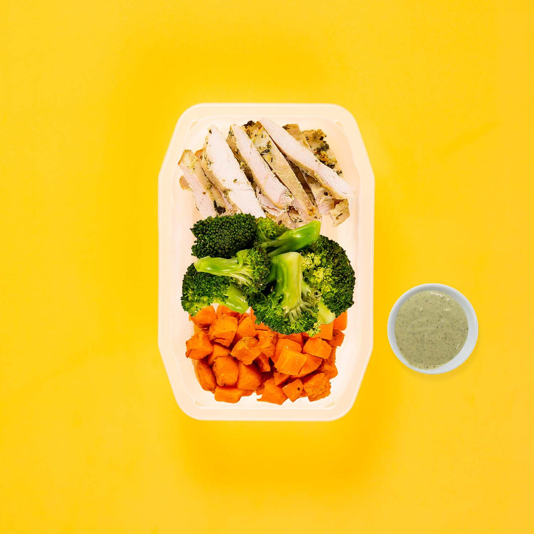 150g Garlic Herb Chicken Breast 100g Broccoli 100g Rosemary Baked Sweet Potato Pesto Cream