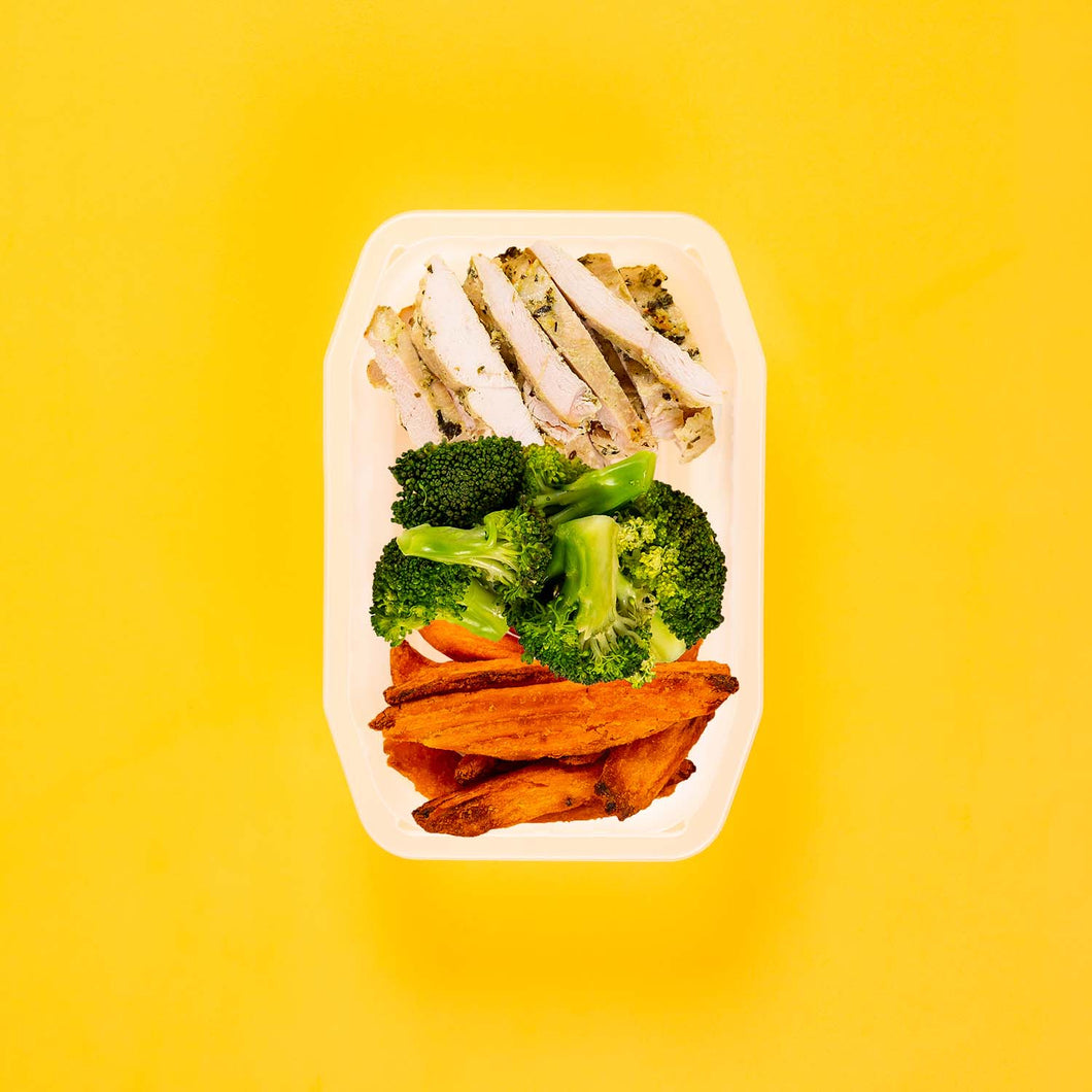 100g Garlic Herb Chicken Breast 100g Broccoli 50g Sweet Potato Wedges